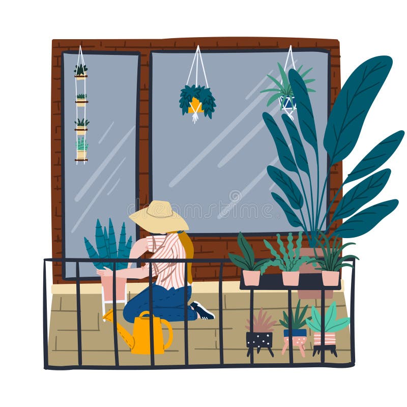 La jardinería en el balcón Plantas de la casa terraza dibujo plano caricatura libre ilustración para revista, afiche ilustración del vector La jardinería en el balcón Plantas de la casa terraza dibujo plano caricatura libre ilustración para revista, afiche ilustración del vector