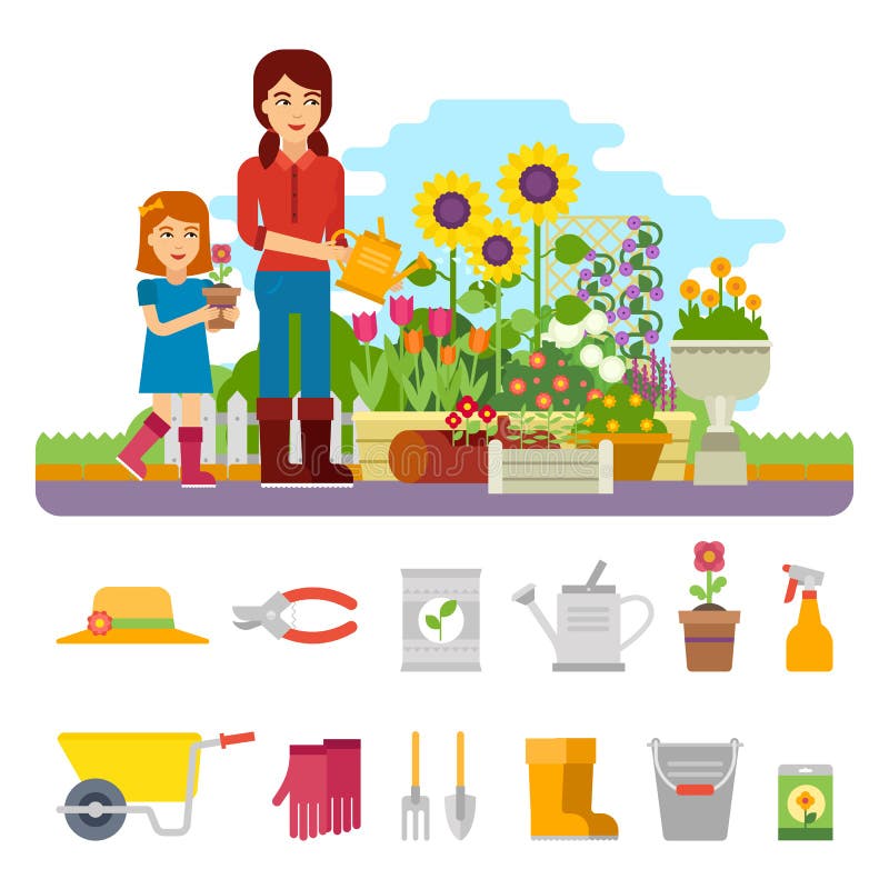 La jardinière de femme plante une fleur et prend soin du jardin d'agrément Illustration plate de jardinage de vecteur, infographi