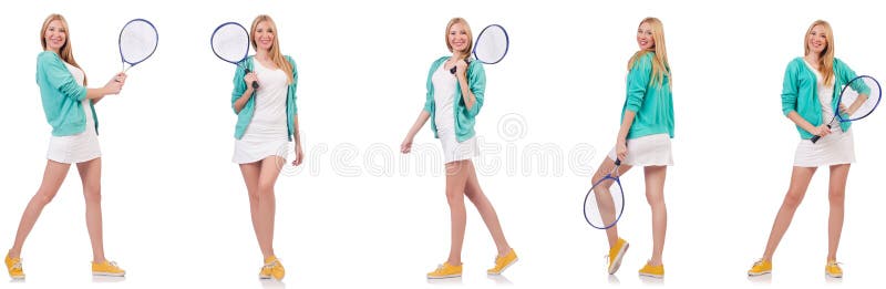 La jeune belle dame jouant au tennis d'isolement sur le blanc photo stock La jeune belle dame jouant au tennis d'isolement sur le blanc photo stock