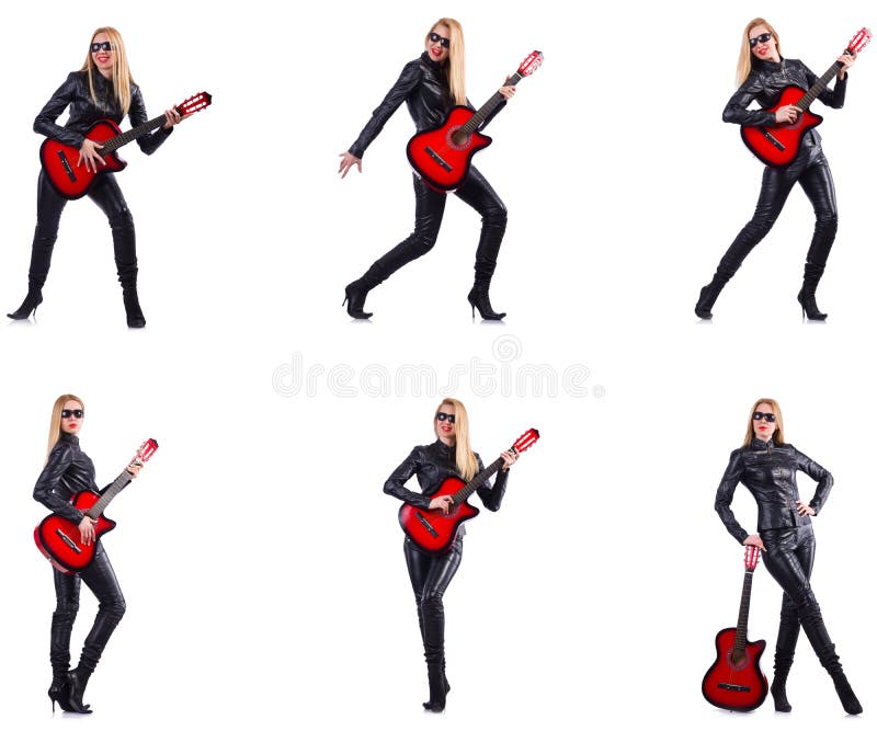 La jeune femme jouant la guitare d'isolement sur le blanc photos libres de droits La jeune femme jouant la guitare d'isolement sur le blanc photos libres de droits
