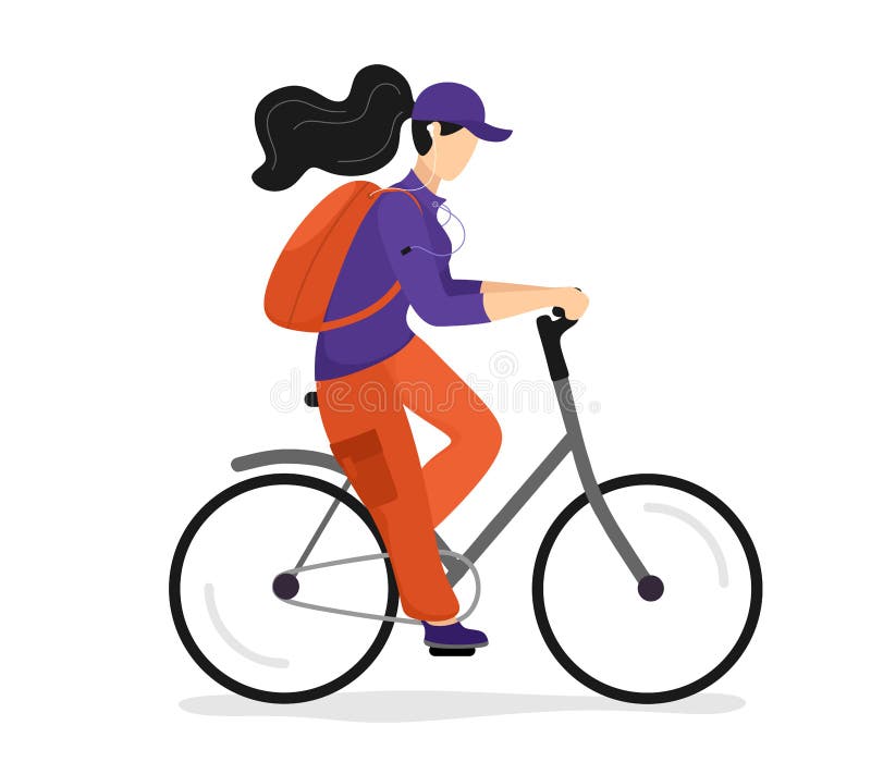 La jeune fille fait du vélo avec un sac à dos et écoute de la musique grâce aux écouteurs. Isolat vectoriel sur fond blanc en stase plat