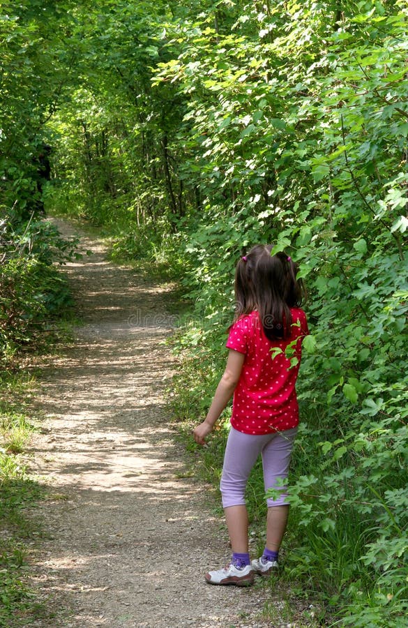 La jeune petite FILLE a perdu dans la traînée en bois images libres de droits La jeune petite FILLE a perdu dans la traînée en bois images libres de droits