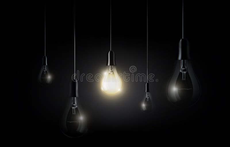 Glowing light bulb is hanging between a lot of turned off light bulbs on dark black background, copy space, transparent vector eps10. Glowing light bulb is hanging between a lot of turned off light bulbs on dark black background, copy space, transparent vector eps10