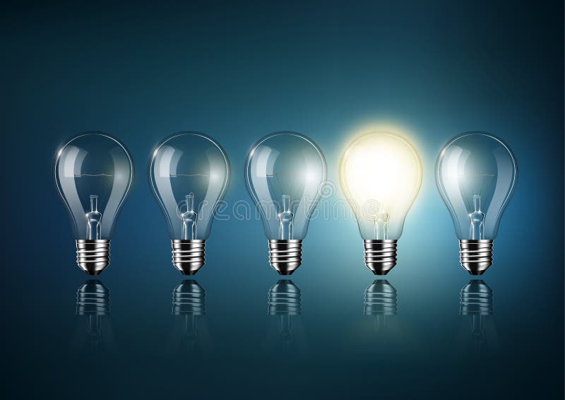 Glowing light bulb is among a lot of turned off light bulbs on dark blue background , concept idea , Transparent Vector, eps10. Glowing light bulb is among a lot of turned off light bulbs on dark blue background , concept idea , Transparent Vector, eps10