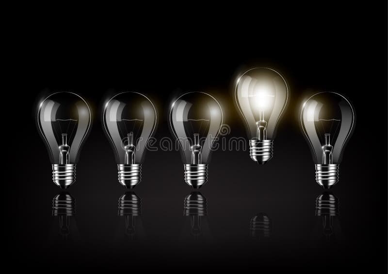Glowing light bulb is among a lot of turned off light bulbs on black background , concept idea , Transparent Vector, eps10. Glowing light bulb is among a lot of turned off light bulbs on black background , concept idea , Transparent Vector, eps10