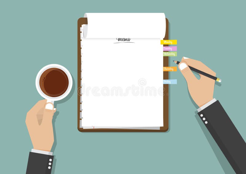 La lavagna per appunti in bianco della lista di controllo con i businessman’s passa la tenuta la matita nera e della tazza di c royalty illustrazione gratis