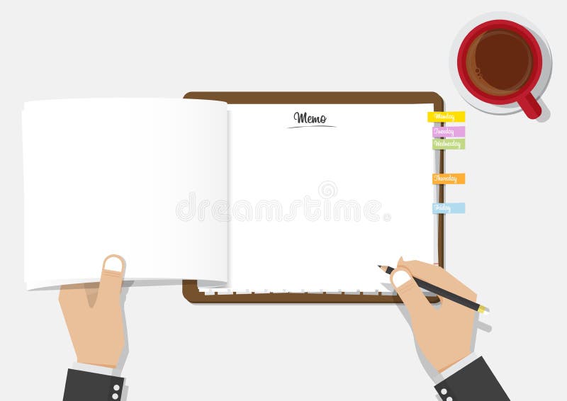 La lavagna per appunti in bianco della lista di controllo con i businessman’s passa la tenuta la matita nera e della tazza di c royalty illustrazione gratis
