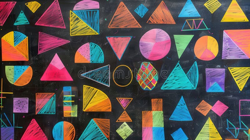 La lavagna è piena di forme geometriche vibranti e di schemi che mostrano la creatività degli studenti durante un'attività artistica coinvolgente. prodotto a base di