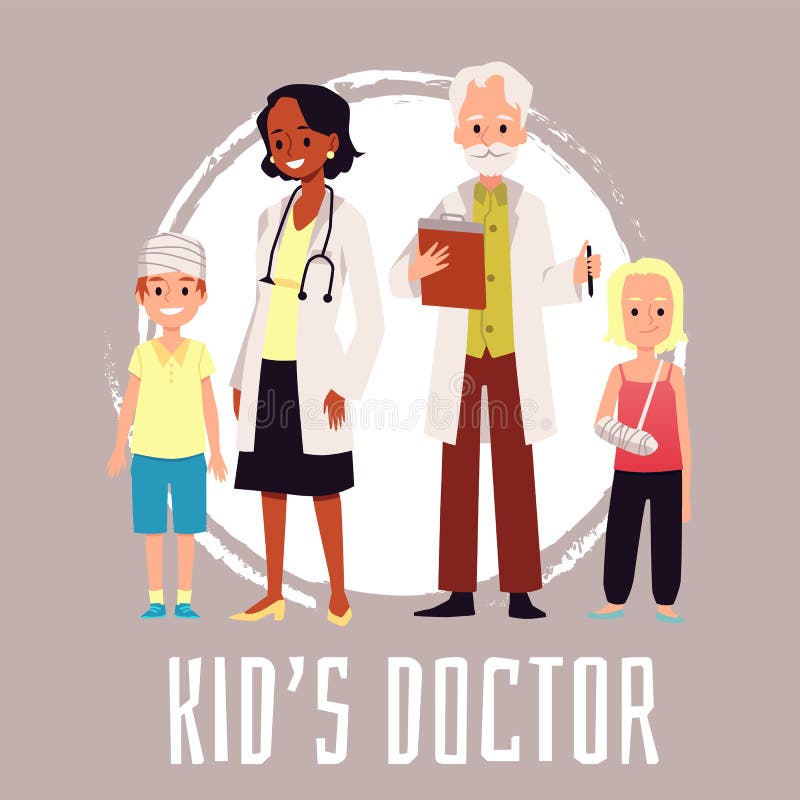 Accident, trauma or injury of kids. Children patients treatment by traumatologist, orthopedic, pediatrician doctor in medical clinic. Child healthcare. Vector flat illustration. Accident, trauma or injury of kids. Children patients treatment by traumatologist, orthopedic, pediatrician doctor in medical clinic. Child healthcare. Vector flat illustration