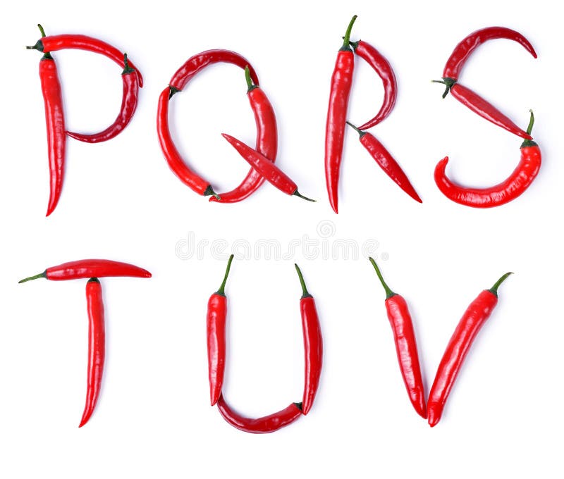 La lettre P, Q, R, S, T, U, V composé de poivrons de piment rouge