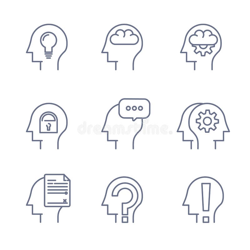 La ligne mince icônes a placé de l'esprit humain, processus de pensée, apprenant Ligne logo illustration libre de droits La ligne mince icônes a placé de l'esprit humain, processus de pensée, apprenant Ligne logo illustration libre de droits