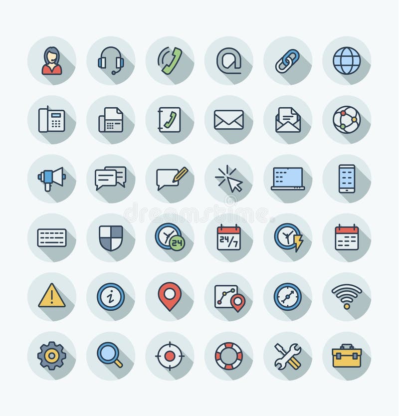 La ligne mince icônes de couleur plate de vecteur a placé avec le contactez-nous, symboles d'ensemble de service de support techn illustration libre de droits
