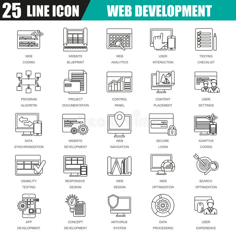 La linea sottile icone ha messo di web design e dello sviluppo, codifica di web illustrazione vettoriale La linea sottile icone ha messo di web design e dello sviluppo, codifica di web illustrazione vettoriale