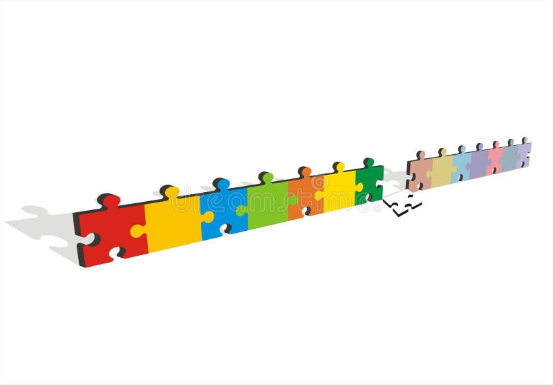 Line of puzzle pieces discontinued by uncolored one. Large format full resolution. Line of puzzle pieces discontinued by uncolored one. Large format full resolution.