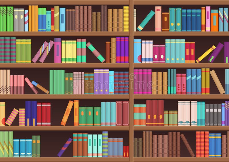 La literatura del estante de librería de la biblioteca reserva el fondo del vector de la historieta ilustración del vector La literatura del estante de librería de la biblioteca reserva el fondo del vector de la historieta ilustración del vector