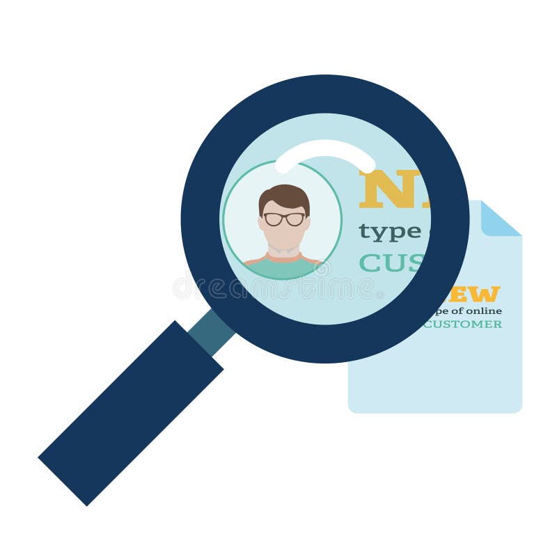 La loupe agrandit le document sur lequel est la personne en verres dans le style plat illustration de vecteur La loupe agrandit le document sur lequel est la personne en verres dans le style plat illustration de vecteur