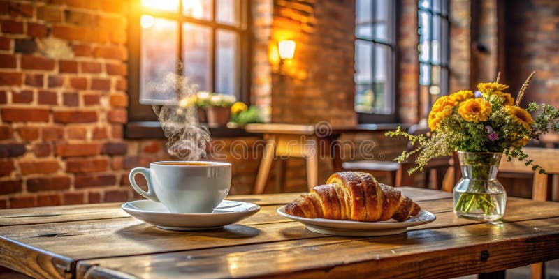 La luce del mattino calda illumina un bar rustico con una tazza di caffè bollente e un croissant appena cotto su un caffè rustico illustrazione vettoriale