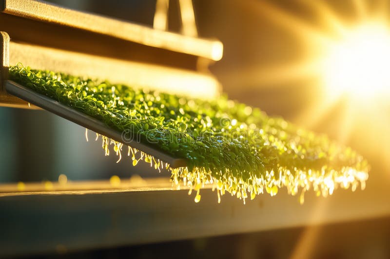 La luce del sole illumina germogli verdi che crescono nel sistema idroponico. L'ambiente agricolo interno promuove la sostenibilit immagine stock