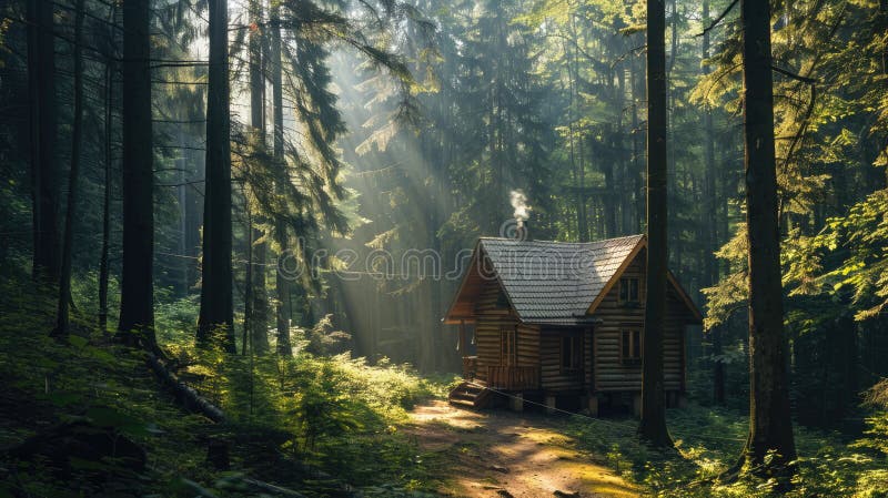 Sunlight streams through the trees around a secluded cabin, offering a peaceful hideaway. Private retreats. AI generated. Sunlight streams through the trees around a secluded cabin, offering a peaceful hideaway. Private retreats. AI generated