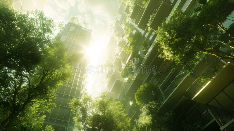 La luce solare attraversa un fogliame denso in un giardino verticale su un edificio che sorge con il sole creando una luce eterea illustrazione di stock