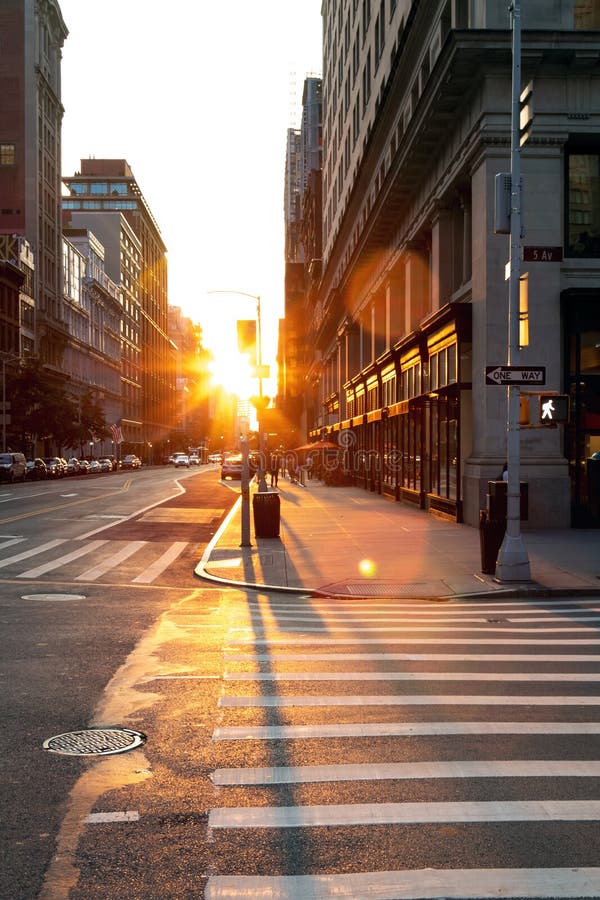 Sunset light shines on an empty crosswalk at the intersection of 23rd Street and 5th Avenue in Manhattan, New York City NYC. Sunset light shines on an empty crosswalk at the intersection of 23rd Street and 5th Avenue in Manhattan, New York City NYC