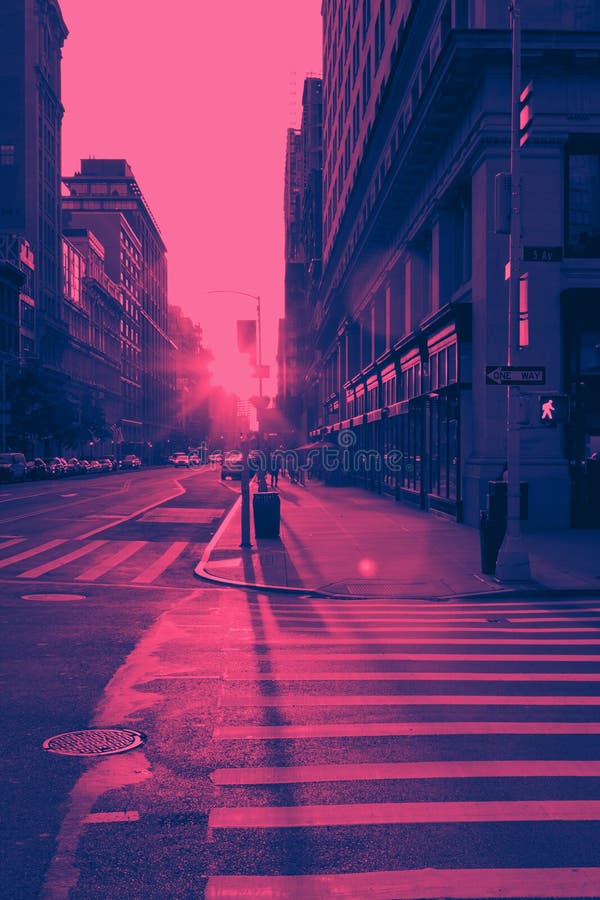 Sunset light shines on an empty crosswalk at the intersection of 23rd Street and 5th Avenue in New York City with pink and blue colors. Sunset light shines on an empty crosswalk at the intersection of 23rd Street and 5th Avenue in New York City with pink and blue colors