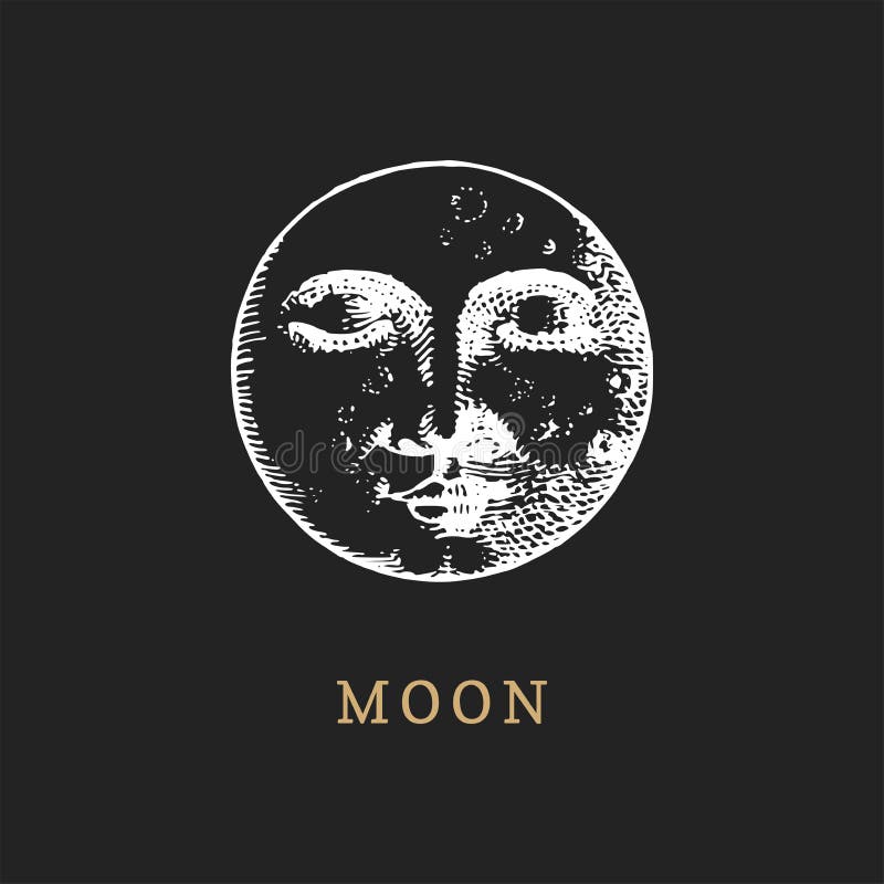 La luna, disegnata a mano nell'incisione dello stile Illustrazione del grafico di vettore retro royalty illustrazione gratis
