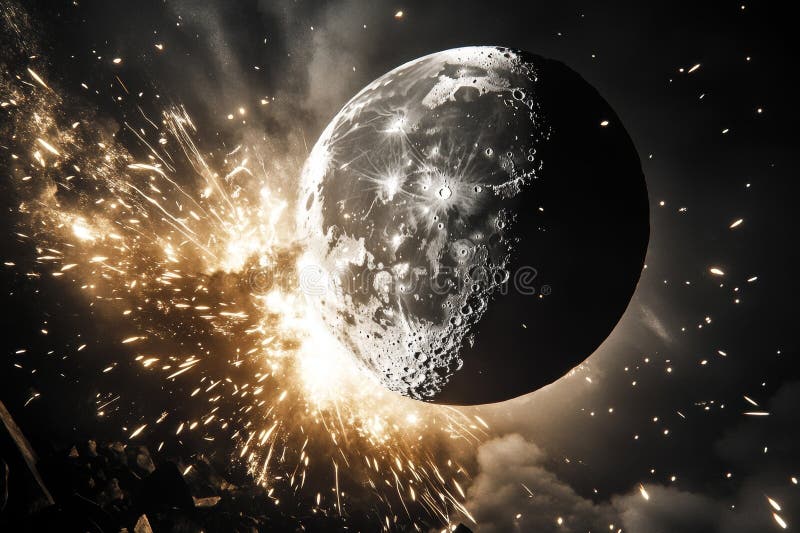La Luna esplode e frammenta in un ambiente cosmico, mentre si svolge un drammatico evento celeste immagini stock libere da diritti
