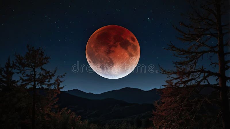La Luna è una rossoranga in rilievo e localizzata centralmente. La sua luce sta gettando un po'. Gli alberi di seta scuri sono visibili a destra e a sinistra dell'immagine. L'impressione generale è quella di una notte oscura con l'evento celestiale come punto focale. Le stelle sono visibili sparse nel cielo notturno, ma le lune le fanno apparire meno intense rispetto a. La gamma di colori nel cielo passa senza difficoltà dal nero blu scuro del cielo notturno all'arancia rossastra vicino all'orizzonte.