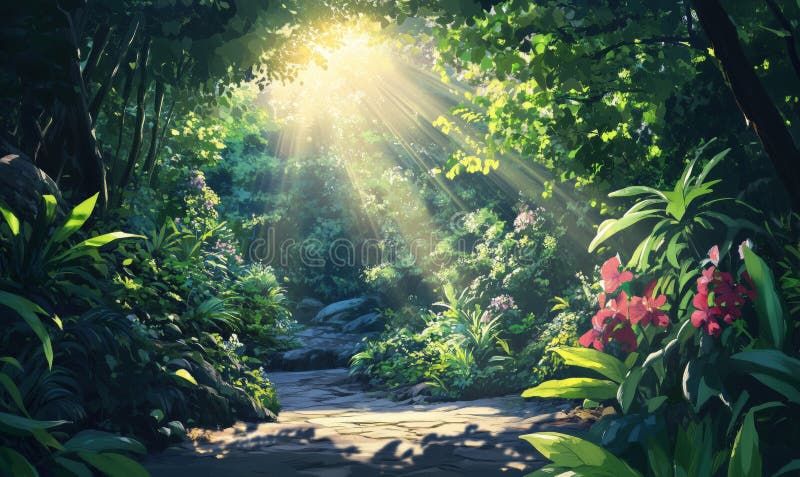 La luz del sol fluyendo a través de un bosque exuberante y vibrante flores serene sendero tranquilo de la naturaleza imágenes de archivo libres de regalías
