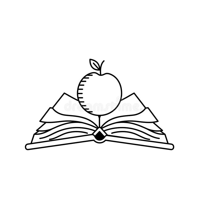 La línea cuaderno abierto con los papeles y la manzana dan fruto libre illustration La línea cuaderno abierto con los papeles y la manzana dan fruto libre illustration