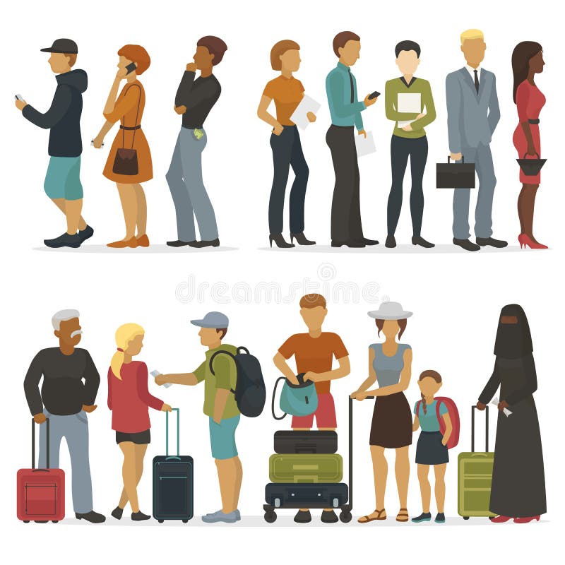 La línea de caracteres de la gente joven mientras que espera su vuelta para la entrevista o el viaje vector el ejemplo ilustración del vector La línea de caracteres de la gente joven mientras que espera su vuelta para la entrevista o el viaje vector el ejemplo ilustración del vector