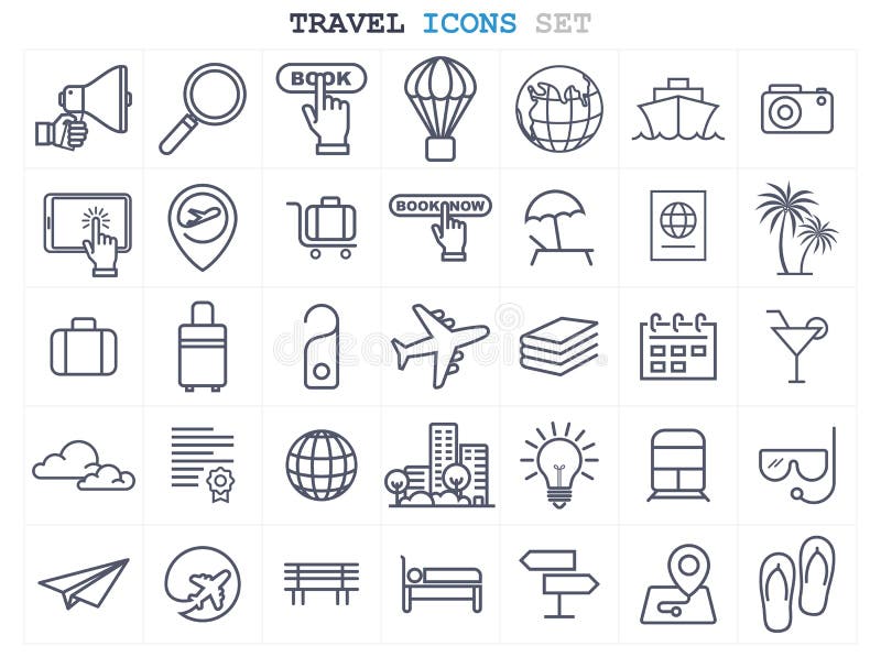 La línea iconos del viaje y del turismo fijó diseño plano stock de ilustración La línea iconos del viaje y del turismo fijó diseño plano stock de ilustración