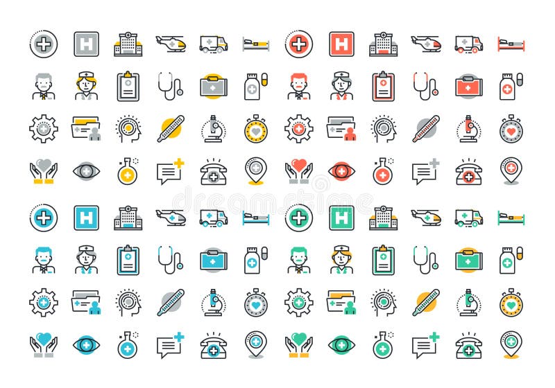La línea plana iconos coloridos fijó de atención sanitaria y de medicina ilustración del vector La línea plana iconos coloridos fijó de atención sanitaria y de medicina ilustración del vector