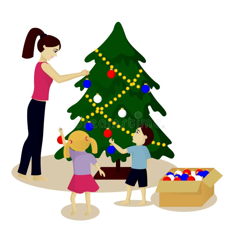 La madre ed i bambini decorano l'albero di Natale isolato su bianco