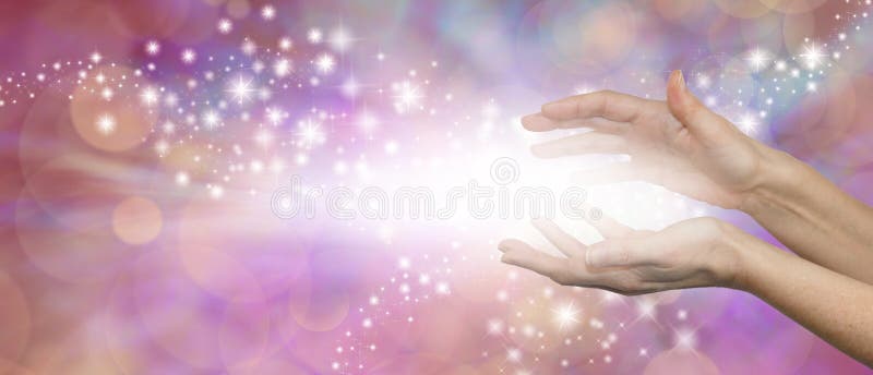 Female parallel hands with a burst of white light between and outwardly flowing sparkles on a pink purple background with plenty of copy space. Female parallel hands with a burst of white light between and outwardly flowing sparkles on a pink purple background with plenty of copy space