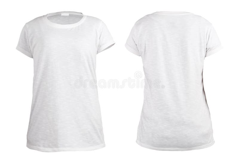 Women`s white t-shirt, front and back rear view template. Blank shirt mock up for print design. Isolated on white. Women`s white t-shirt, front and back rear view template. Blank shirt mock up for print design. Isolated on white