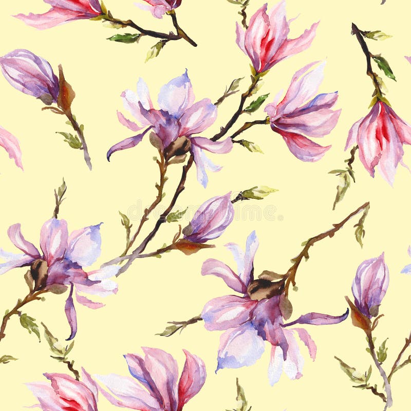La magnolia rosada florece en una ramita en fondo amarillo claro Modelo inconsútil Pintura de la acuarela Mano drenada libre illustration La magnolia rosada florece en una ramita en fondo amarillo claro Modelo inconsútil Pintura de la acuarela Mano drenada libre illustration