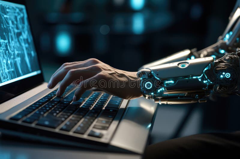 La main d'un ai ou d'un robot utilise le clavier d'un ordinateur ou d'un ordinateur portable. ai généré