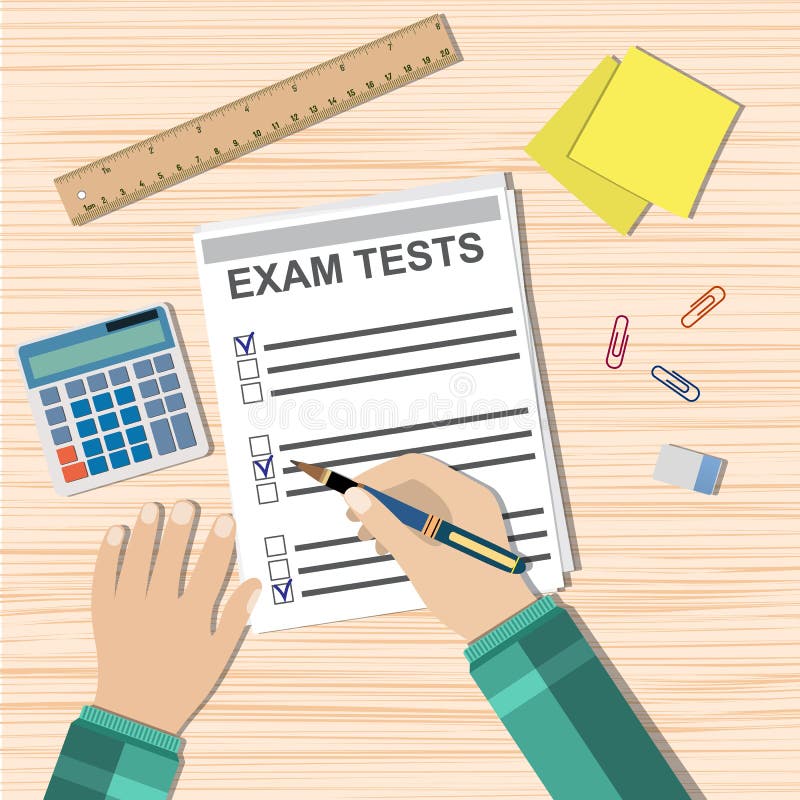 Student hand fills examination quiz paper, School exam test results. wooden school desk with pins, calculator. vector illustration in flat design. Student hand fills examination quiz paper, School exam test results. wooden school desk with pins, calculator. vector illustration in flat design.