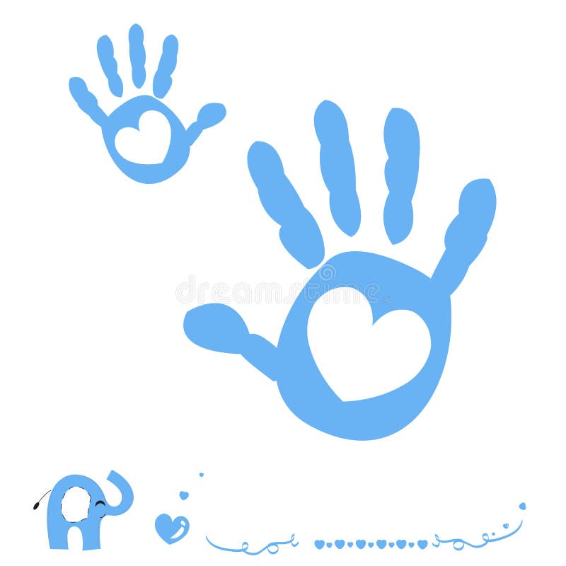 La main de bébé garçon imprime la carte d'arrivée avec le coeur et l'éléphant
