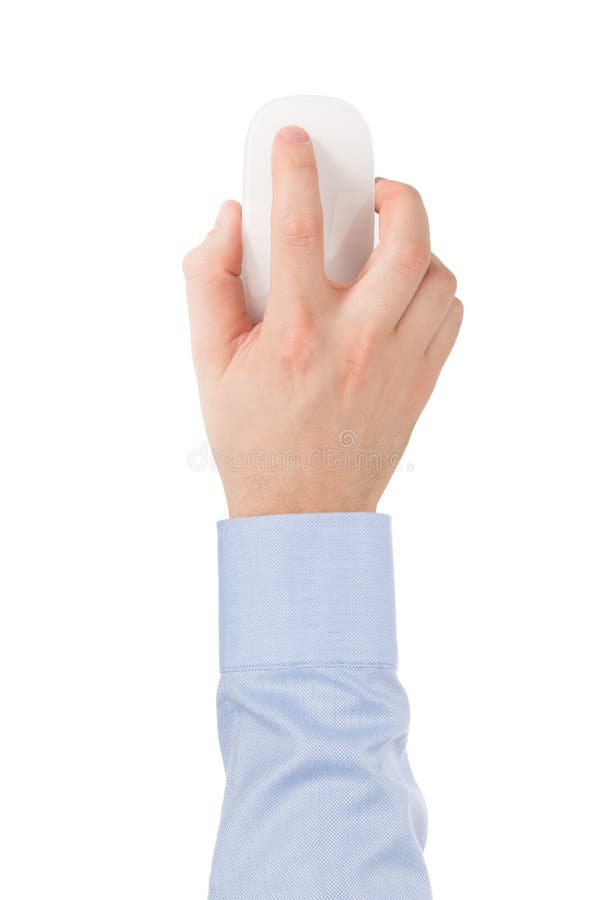 La main de l'homme dans une chemise sur une souris en verre sans fil moderne de contact. photographie stock libre de droits La main de l'homme dans une chemise sur une souris en verre sans fil moderne de contact. photographie stock libre de droits