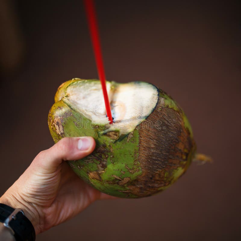 La main donnant une jeune noix de coco verte fraîche s'est ouverte avec une paille mise dans elle, avec le texte Bula Fidji écrit images stock La main donnant une jeune noix de coco verte fraîche s'est ouverte avec une paille mise dans elle, avec le texte Bula Fidji écrit images stock