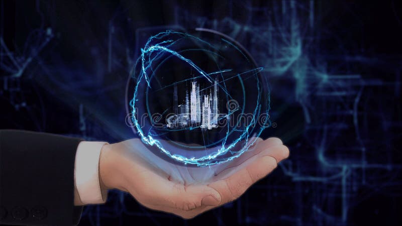 La main peinte montre ? hologramme de concept la ville fut?e sur sa main illustration stock La main peinte montre ? hologramme de concept la ville fut?e sur sa main illustration stock