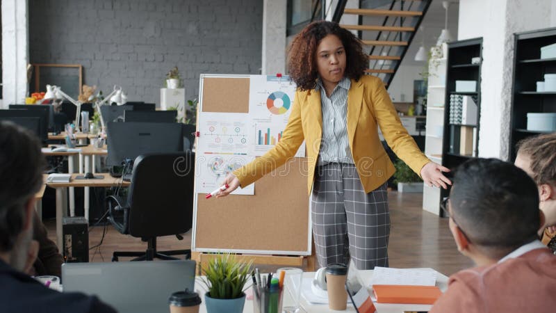 La mala jefa de negocios afroamericana gritando a los subordinados durante la reunión de negocios en el cargo