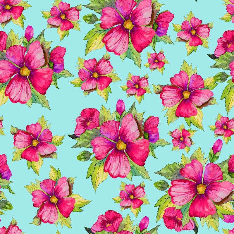 La malva rosa luminosa fiorisce con i germogli e le foglie verdi su fondo blu-chiaro Reticolo floreale senza giunte Pittura dell' royalty illustrazione gratis La malva rosa luminosa fiorisce con i germogli e le foglie verdi su fondo blu-chiaro Reticolo floreale senza giunte Pittura dell' royalty illustrazione gratis