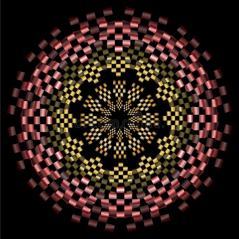 La mandala amarilla y roja con efecto metálico y la ilusión óptica 3d, circunda modelos simétricos en fondo negro, ilustración del vector La mandala amarilla y roja con efecto metálico y la ilusión óptica 3d, circunda modelos simétricos en fondo negro, ilustración del vector