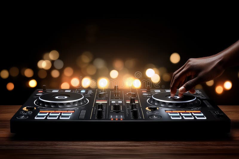 La mano ajusta el tempo sobre el controlador DJ colocado sobre una mesa de madera con luces brillantes borrosas en el fondo. Concepto de eventos de entretenimiento en la industria de la música nocturna. generado por IA