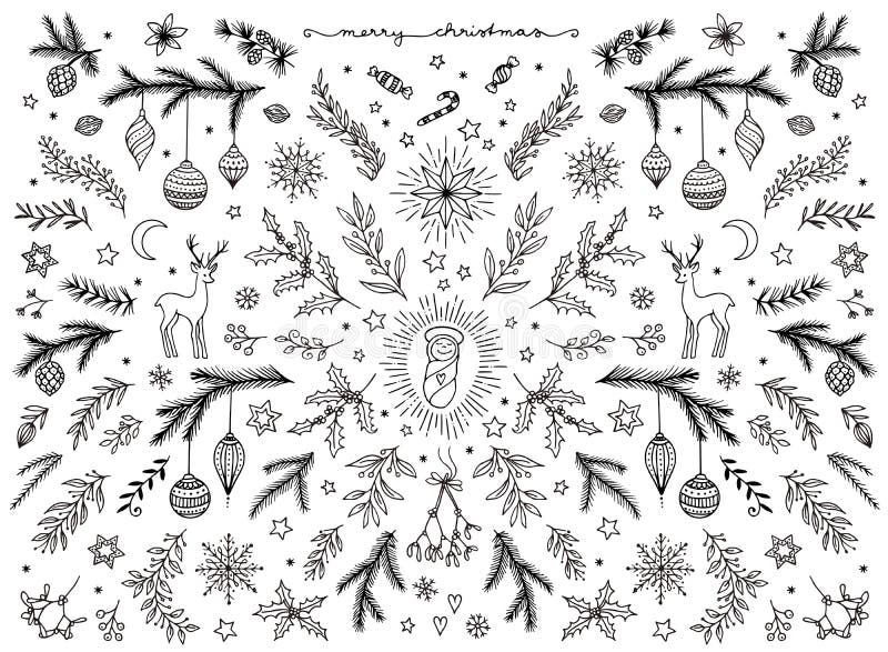 La mano bosquejó los elementos del diseño floral para la Navidad libre illustration La mano bosquejó los elementos del diseño floral para la Navidad libre illustration