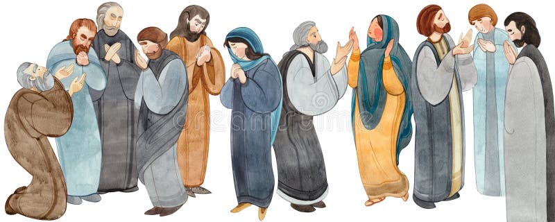 Watercolor hand drawn illustration of praying people, apostles in prayer, thanksgiving to the Lord. Decorative border for the background of Christian publications, the design of banners, cards, sites. Watercolor hand drawn illustration of praying people, apostles in prayer, thanksgiving to the Lord. Decorative border for the background of Christian publications, the design of banners, cards, sites